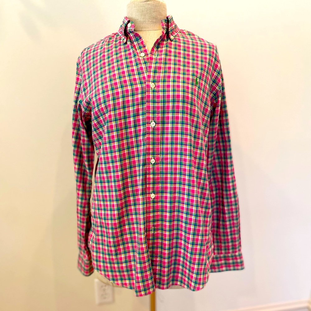 Ralph Lauren Mens Button Down Shirt Hot Pink/Green/White Plaid Size M